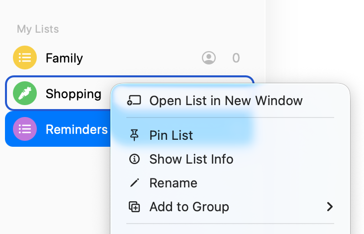 Context menu target versus selection in Reminders on macOS