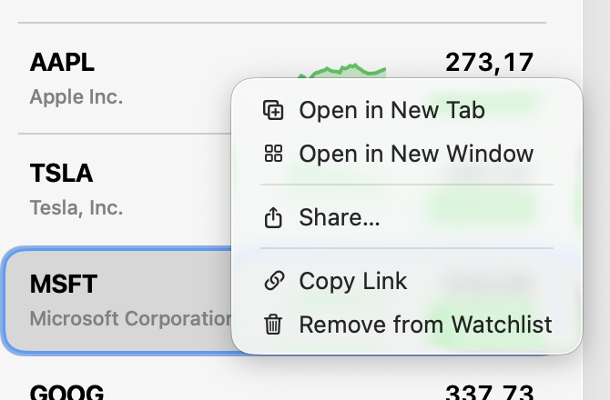 Context menu target versus selection in Stocks on macOS