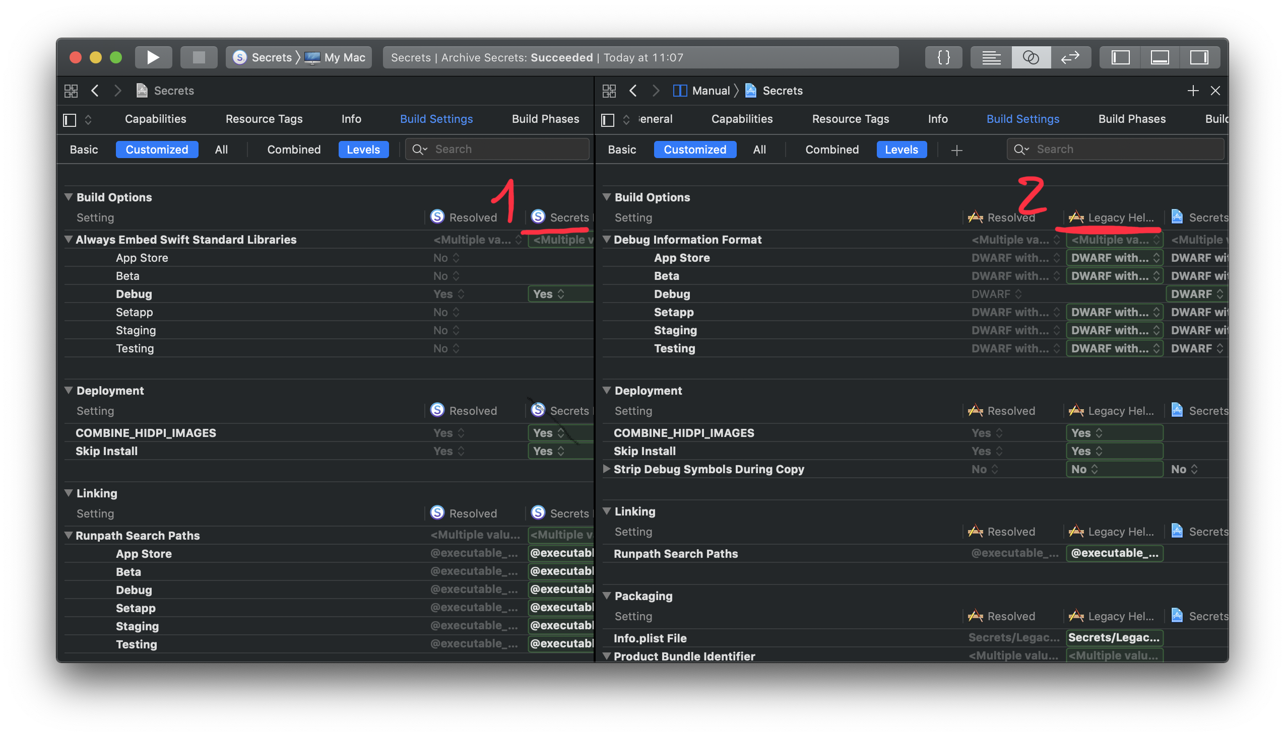 Comparing build settings using the assitant editor can be confusing