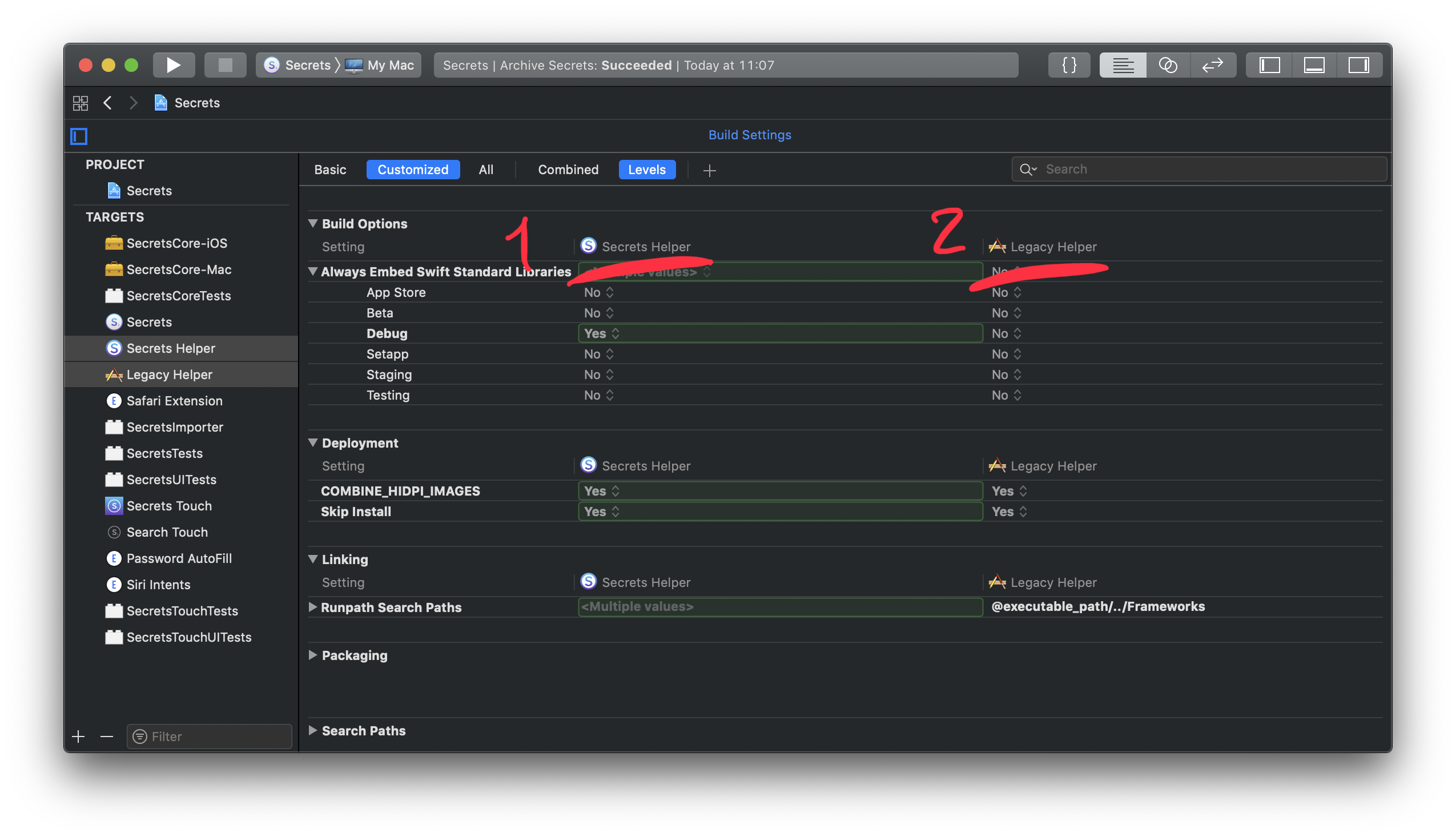 Comparing build settings within the same editor
